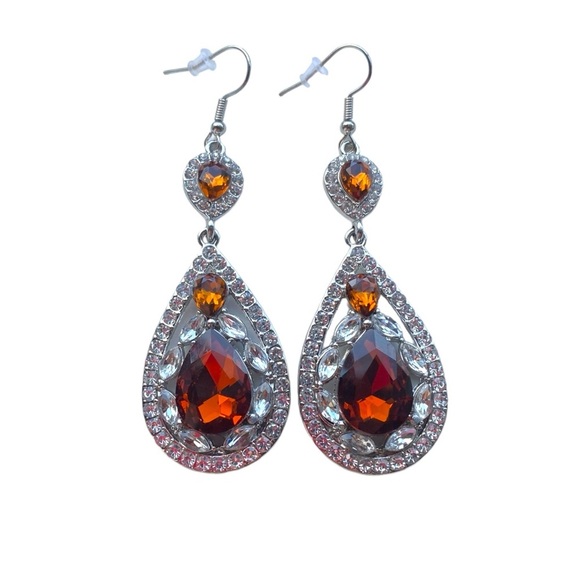 Rhinestone Encrusted Faux Smoky Quartz Teardrop Statement Fishhook Earrings - Picture 3 of 3